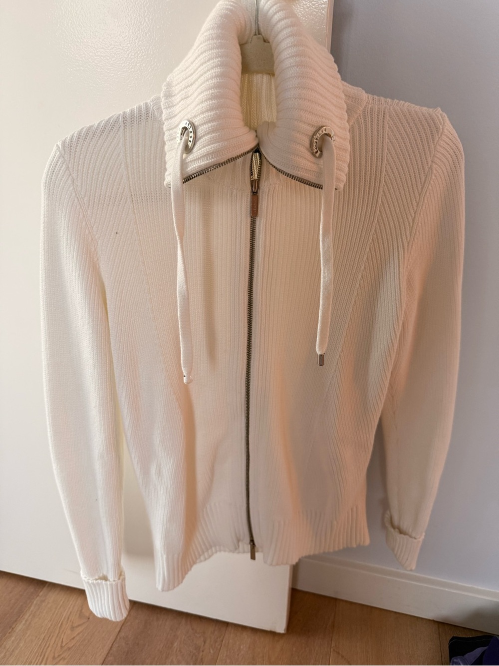Lauren Ralph Lauren Ivory Ribbed Funnel Neck Zip Sweater Large